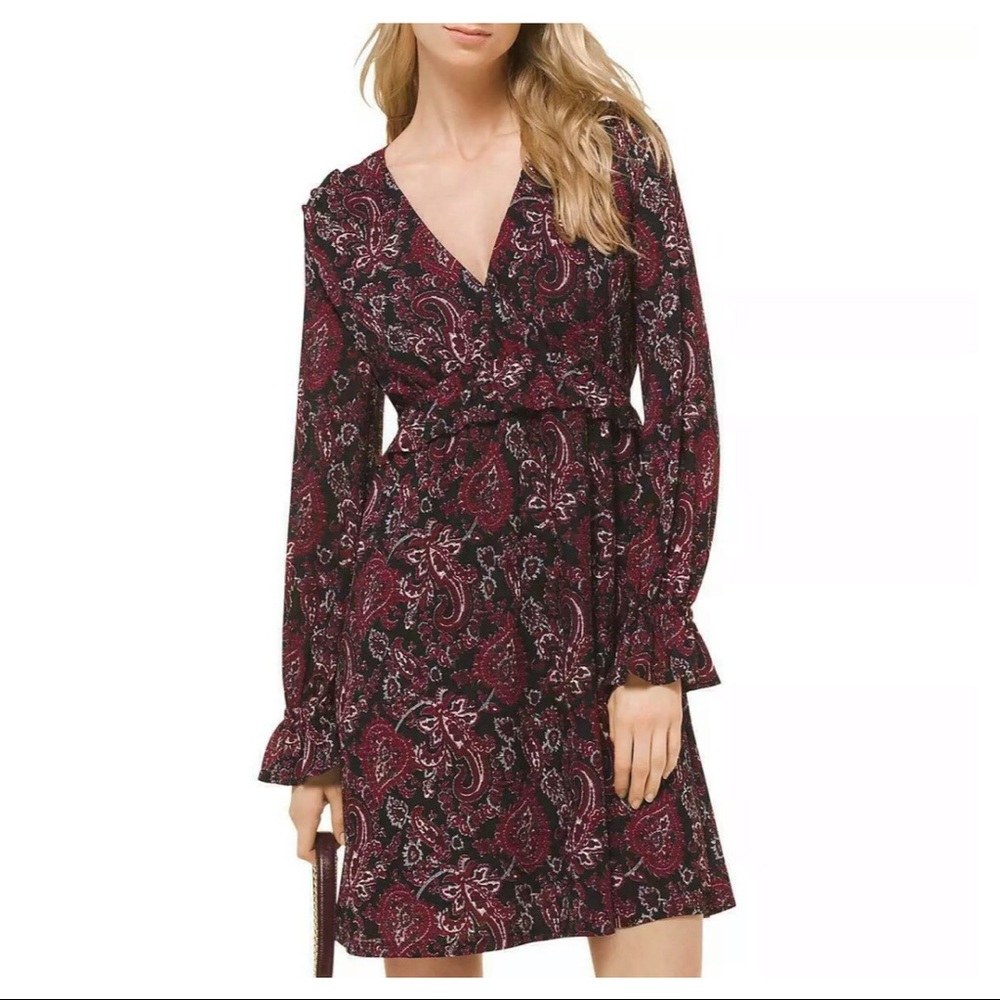 New Michael Kors v neck paisley long sleeve dress petite small
